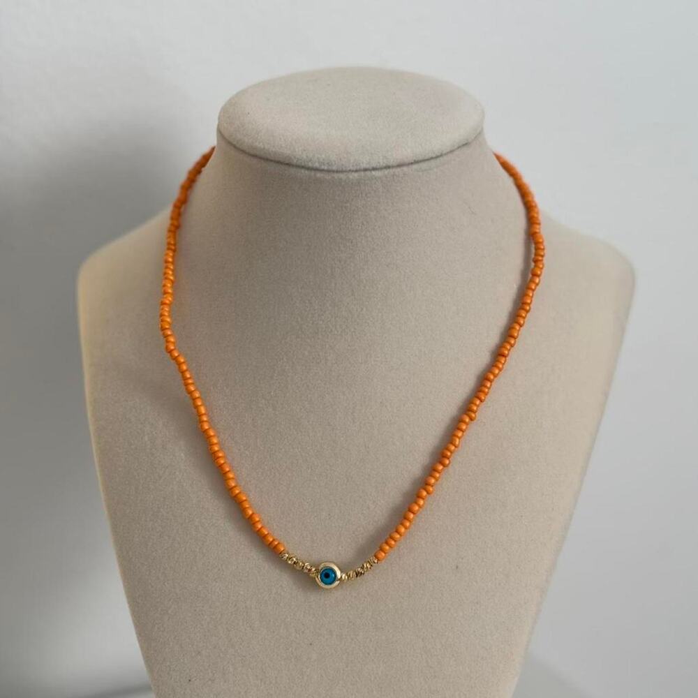 Orange Beaded Evil Eye Necklace Boho Protection Charm Jewelry Gift - Picture 4 of 4